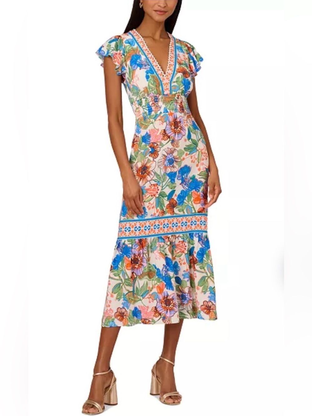 Adrianna Papell Smocked-Waist Flutter-Sleeve Midi Dress Sz 14 Colorful Cruise - Picture 1 of 12